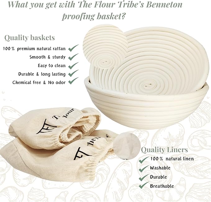 Banneton Bread Proofing Basket Set: Sourdough Starter Kit - 9 inch Round Rattan bowl, Scoring lame, dough scraper, bread bag, Sourdough Bread Baking Supplies Tools - Baking gift set
