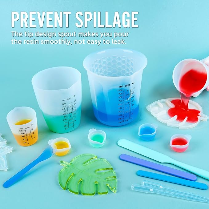 Silicone Resin Mixing 1L Measuring Cup Set for Resin Supplies, Easy-to-Read Marks, 1000ml/32oz Large Cup, 500&250&100ml Thickened Reusable Silicone Cups for Epoxy Mixing, Jewelry Making