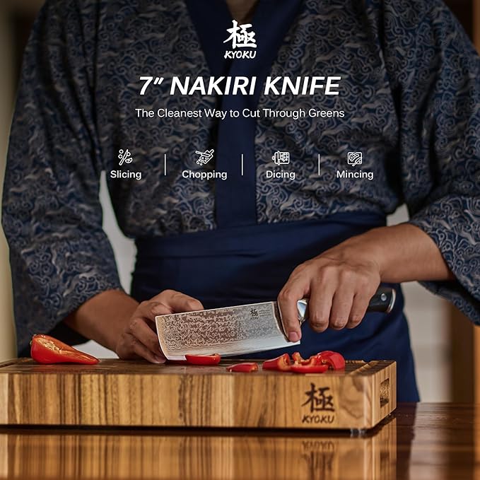 KYOKU Nakiri Knife - 7" - Shogun Series - Japanese VG10 Steel Core Damascus Blade - with Sheath & Case