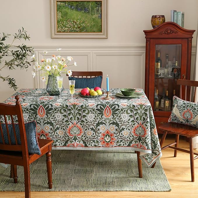 ISAENNE Designer Bohemian Linen Green Table Cloth for Rectangle Table,Floral Indoor Tablecloth,Stain Resistant Decor Tablecloths for Dining Thanksgiving Kitchen Party Christmas,55"*79"-Naples