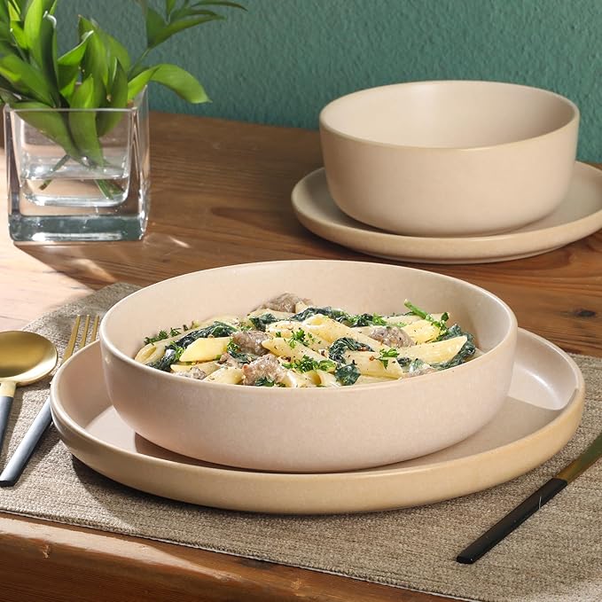 Gibson Elite Pasco 16 Piece (Service for 4) Plates and Bowls Double Bowl Reactive Glaze Dishes Stoneware Ceramic Dinnerware Set - Cream