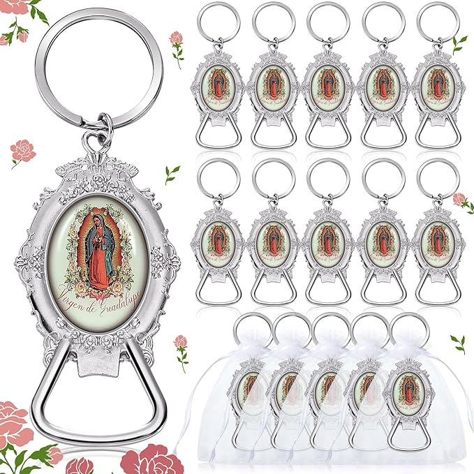 Misdary 24 Pcs Our Lady of Guadalupe Bottle Opener Keychain Catholic Bottle Opener with Organza Baptism Party Favor for Guest