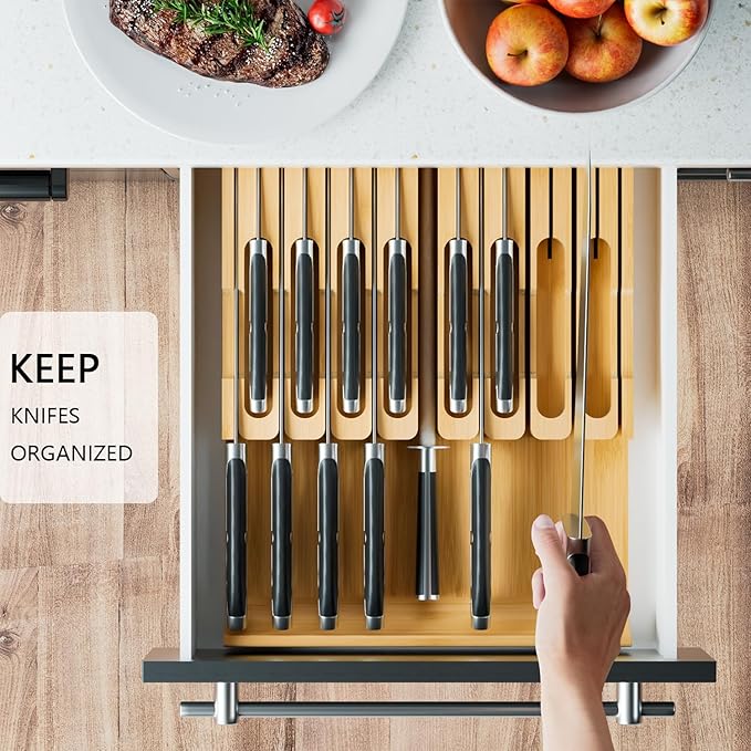 Domax Bamboo In-drawer Knife Block - Knife Drawer Organizer Insert Large Handle Steak Knife Holder, Kitchen Drawer Knife Organizer Fits for 16 knives and 1 Sharpening Steel (Not Included), Natural