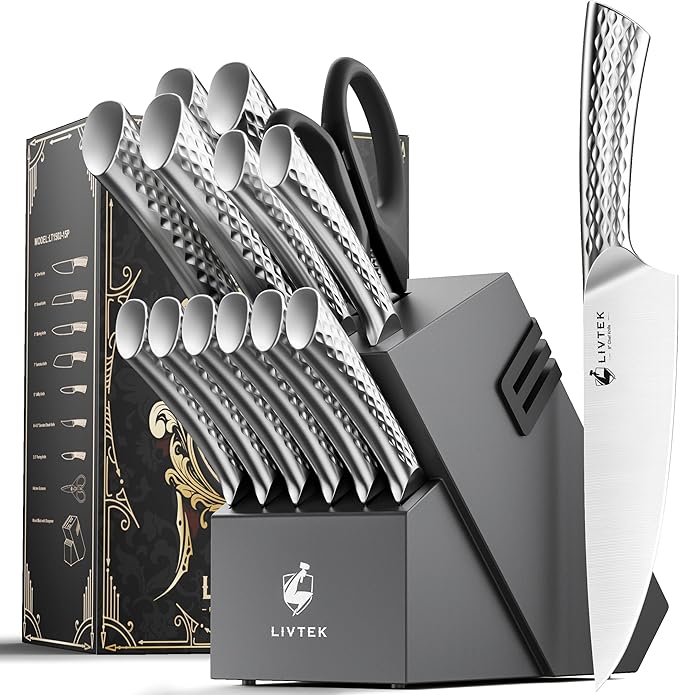 Livtek Knife Set with Block - Kitchen Knife Set German High-Carbon Stainless Steel with Built-in Sharpener - Full Tang Ergonomic Handle - Anti-Rust & Ultra Sharp - 15-Piece Set, Galaxy Series