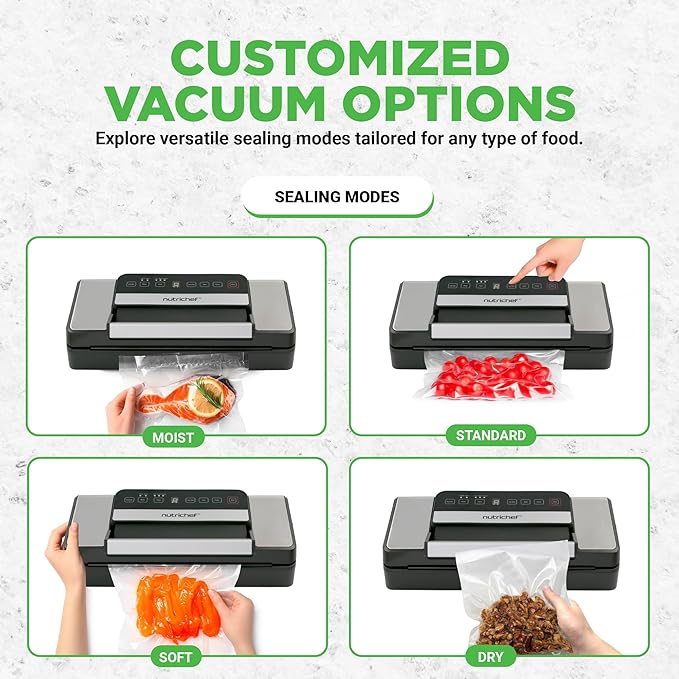 Nutrichef Automatic Food Vacuum Sealer with Double Sealing Function, Electric Air Sealing System for Dry, Liquid & Moist Foods, Reduces Food Waste, Preserve Freshness of Proteins, Fruits, Vegetables