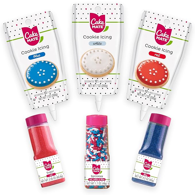 Cake Mate Patriotic Decorating Kit – Red & Blue Decorating Sugar (2.25 oz), Red, White & Blue Sprinkles (1.75 oz), Red, White & Blue Cookie Icing (7 oz) – Cookie, Cake, Cupcake & Dessert Decorating