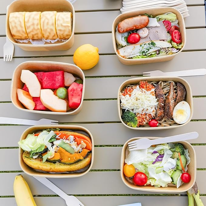 MINCOCO 50 Count Disposable Paper Bowls with Lids Meal Prep Containers 【Includes 50 Wooden Forks + 100 Labels】 Salad Food Containers Freezer & Microwave Safe Leakproof Soup Bowls (35 Ounce, 50-Count)