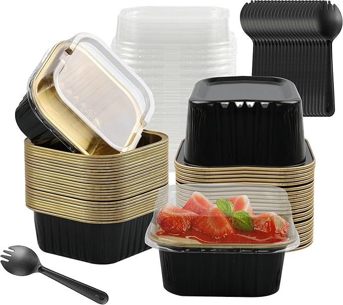 Mini Cake Pans With Lids, BAKINGPAK 30PCS 5OZ Square Mini Aluminum Pans Disposable Aluminum Foil Cupcake Cups Individual Cake Pans with Lids for Children Party Wedding Party,Black Gold