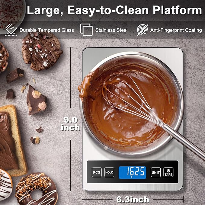 Fuzion Food Scale, 1g/0.1oz Digital Kitchen Scale - 22lb, 7 Units, Tare & PCS, Rechargeable Power, Tempered Glass & Stainless Steel - Food Weight Scale Grams and Ounces for Cooking, Baking