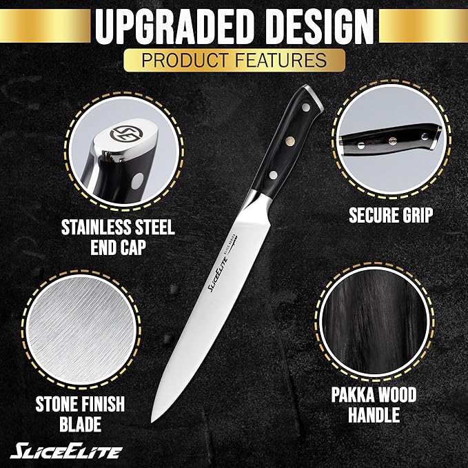 SliceElite Slice Series 8 Inch Carving Knife High Carbon German Stainless Steel Pakkawood Handle Brisket Slicer Chopper BBQ Chef Sharp Fruit Vegetable Butcher Kitchen Cutting Meat Tool Gift Precision