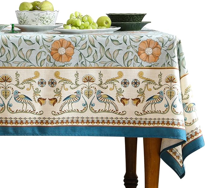 patdrea Designer French Linen Blue Tablecloth for Rectangle Table,Vintage Floral Table Cloth,Colorful Decoration Fall Cover Kitchen Dining for Thanksgiving,Tea Party,Christmas,67"x118"-Wensel