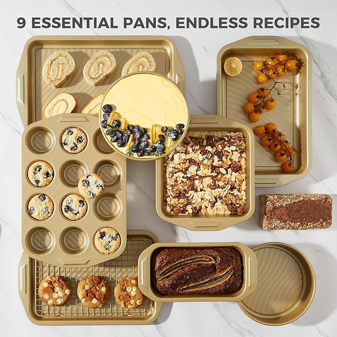 HONGBAKE 9-Piece Baking Pans Set with Wave Texture, 0.8mm Thick Bakeware Sets Non Stick, Includes Stackable Cookie Sheets for Oven Cooking, Cake Pan, Muffin Pan, Loaf Pan, Roasting Pan, Rack, Gold