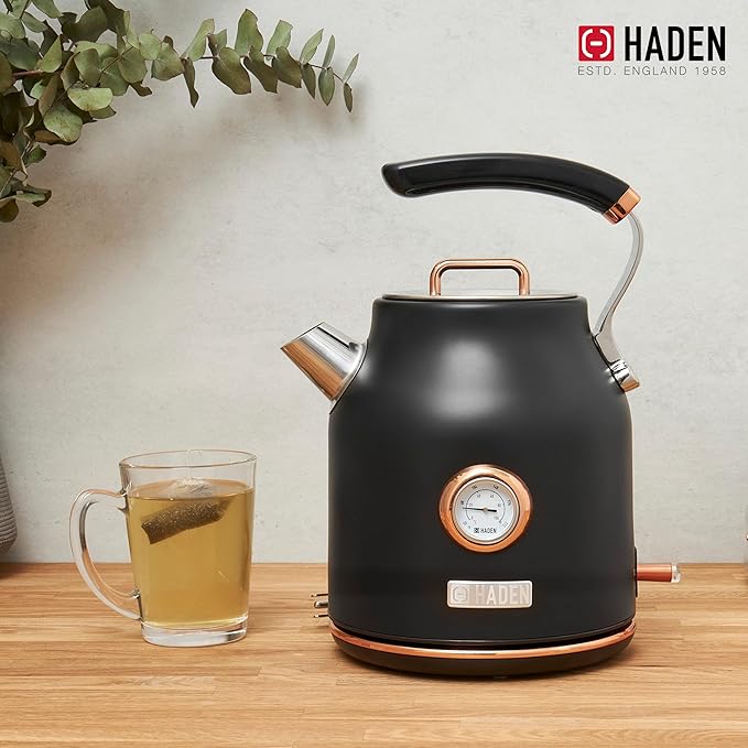 Haden Dorset 1.7 Liter Stainless Steel Electric Kettle, Hot Water Kettle with 360-Degree Base and Auto Shutoff, Black & Copper