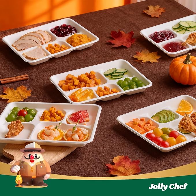 JOLLY CHEF Compostable 𝟱 Compartment Paper Plates 10*8.25*1 𝗶𝗻𝗰𝗵 [𝟭𝟮𝟱 𝗣𝗮𝗰𝗸] Small Heavy Duty Divided Disposable White Eco-Friendly Biodegradable Food Tray for School Lunch Thanksgiving Day