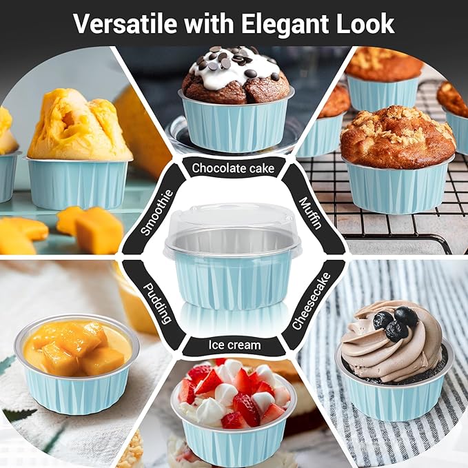 EUSOAR Cake Baking Cups, 100pcs 5oz 125ml Muffin Liners With Lids, Disposable Aluminum Ramekins, Cupcake Liners, Foil Pudding Cups Holders Pans