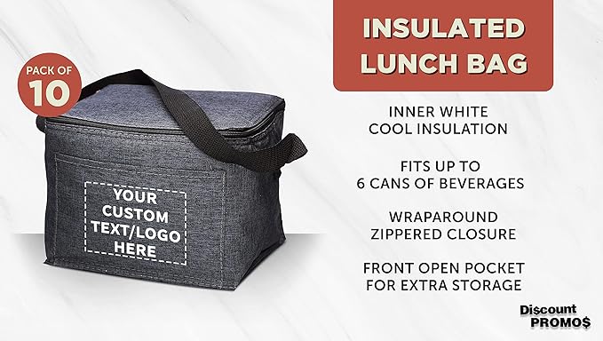 Custom Insulated Cooler Lunch Bag Set of 10, Personalized Bulk Pack - Perfect for Work, Travel, Outdoor Events - Black