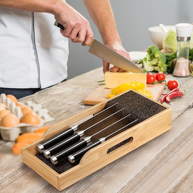 Bamboo Knife Drawer Organizer Insert Dock, Kitchen Steak Knives Organizer Storage for Any Chef