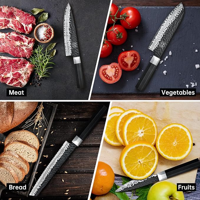 SHAN ZU 7-Piece Japanese Knife Set - 7 Layers 10Cr15MoV High Carbon Steel Kitchen Knifes Set with Block and Sharpener,Ultra-Sharp Chef Knife Set with G10 Handle