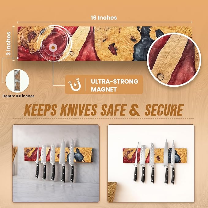 Magnetic Knife Holder for Wall 16 Inch |Premium Wood & Red and Grey Resin| Epoxy Knife Magnetic Strip, Kitchen Knife Block Holder with Strong Magnet, Space-Saving, Handcrafted Style & Easy to Install