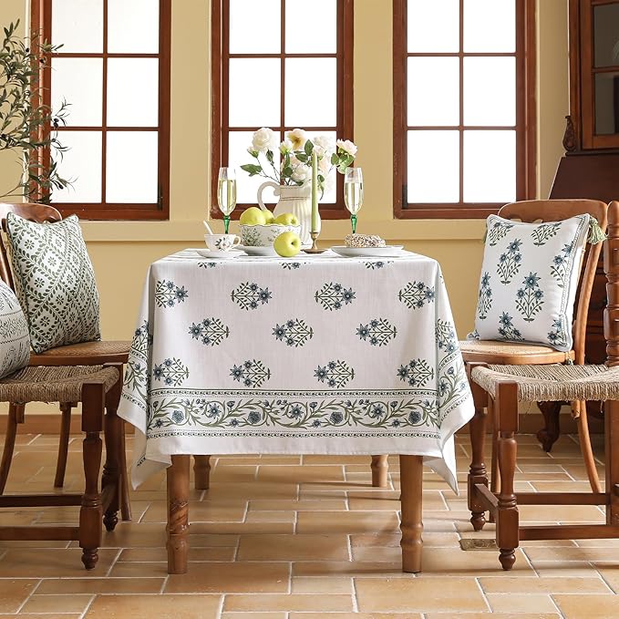 ISAENNE Designer White Linen Small Square Tablecloth,Chinoiserie Floral Elegant Indoor Table Cloth,Fall Stain Proof Decor Tablecloths for Dining Thanksgiving Kitchen Party,55"*55"-Mosella F