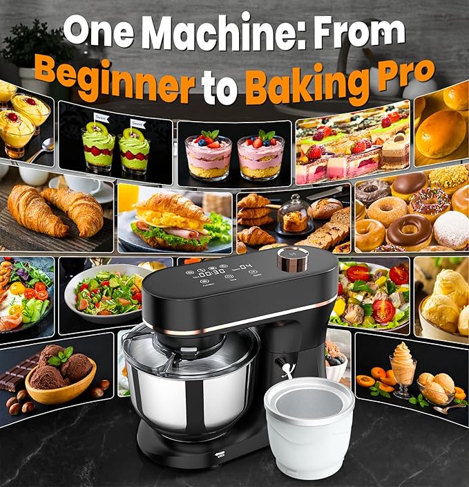 Stand Mixer Set, 6QT Kitchen Mixer with LED Touchscreen, 11-Speed Tilt-Head Mixer with Timer, 4 Preset Menus, Stainless Steel Bowl, Hook, Whisk, Beater,Plus 2QT Ice Cream Maker Attachment,Black