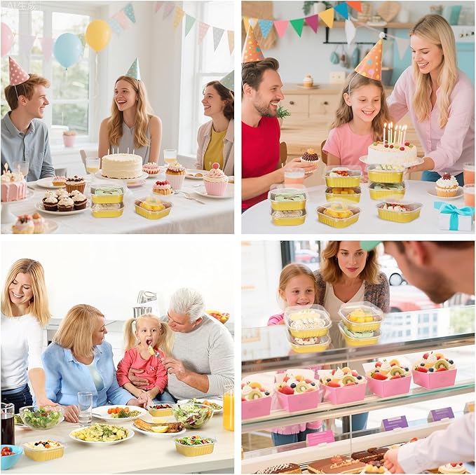 FORBFAN 150 Pack Mini Cake Pans with Lids and Spoons, 8 oz Aluminium Foil Square Brownie Baking Cups, Disposable Ramekins Cupcake Tins Gold