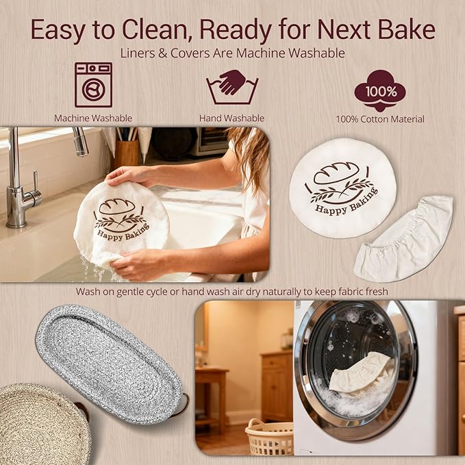 Sourdough Bread Baking Supplies - 9" Round & 10" Oval Banneton Bread Proofing Baskets with Washable Liners and Covers for Artisan Homemade Bread