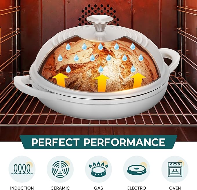 E-far Dutch Oven for Sourdough Bread Baking, 6 Qt Round Enameled Cast Iron Dutch Oven for Homemade Artisan Bread, Dome Lid & Shallow Base, Matte Black Interior & Durable, Oven-Safe to 500℉, White