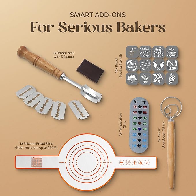 Sourdough Starter Kit with 9 Inch Banneton Bread Proofing Basket, 24oz Starter Jar & Recipe Book – Complete Sourdough Bread Baking Supplies Set with Dough Whisk & Scraper for Artisan Home Bakers