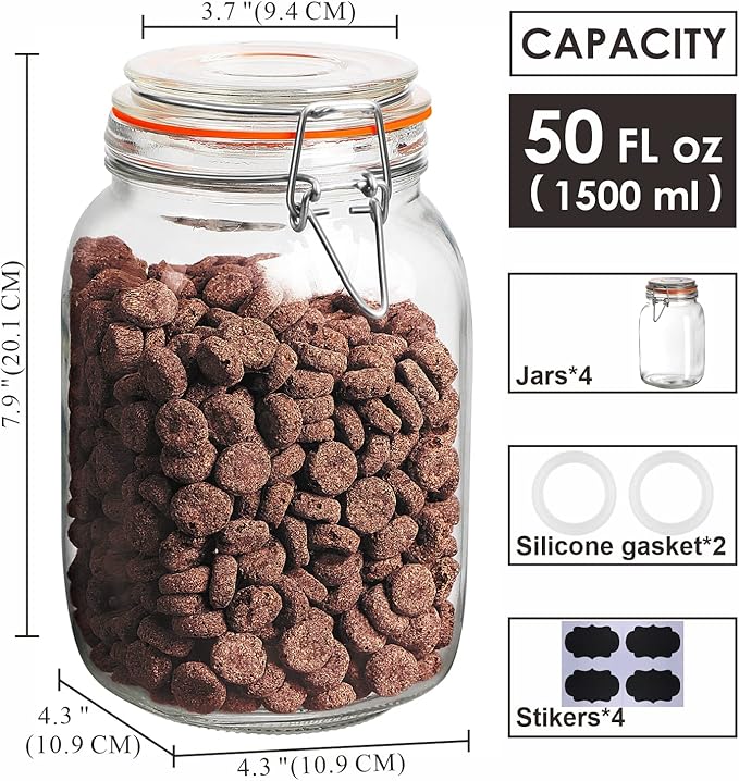 50 oz Glass Jars with Airtight Lids, Wide Mouth Mason Jars with Clip Top Lids for Kitchen - Square Glass Jars with Chalkboard Labels and Replacement Silicone Gaskets, Set of 4