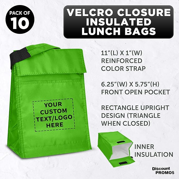 DISCOUNT PROMOS 10 Hook and Loop Insulated Lunch Bags Set - Customizable Text, Logo - Polyester, Durable, Vibrant, Reusable - Green