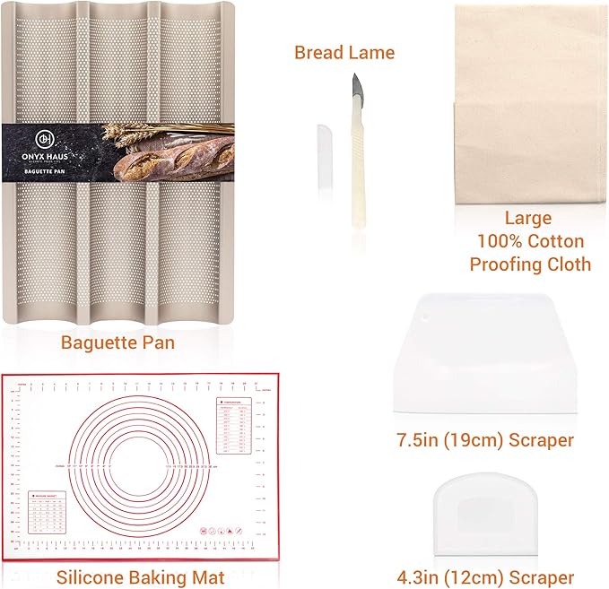 French Bread Kit - Baguette Pan for Baking, Silicone Baking Mat, Dough Cutter and Scraper, Bread Lame Cutter, & Bakers Couche Proofing Cloth - Nonstick Bread Pans for Homemade Bread Gift Set