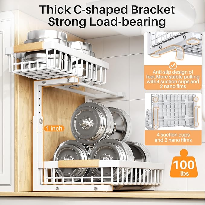 PXRACK Under Sink Organizer,1 Pack,2 Tier Metal Slide out Sink Shelf Pull out Cabinet Organizer Drawers, Under Sink Organizers and Storage for Kitchen Bathroom Pantry Closet Cabinet