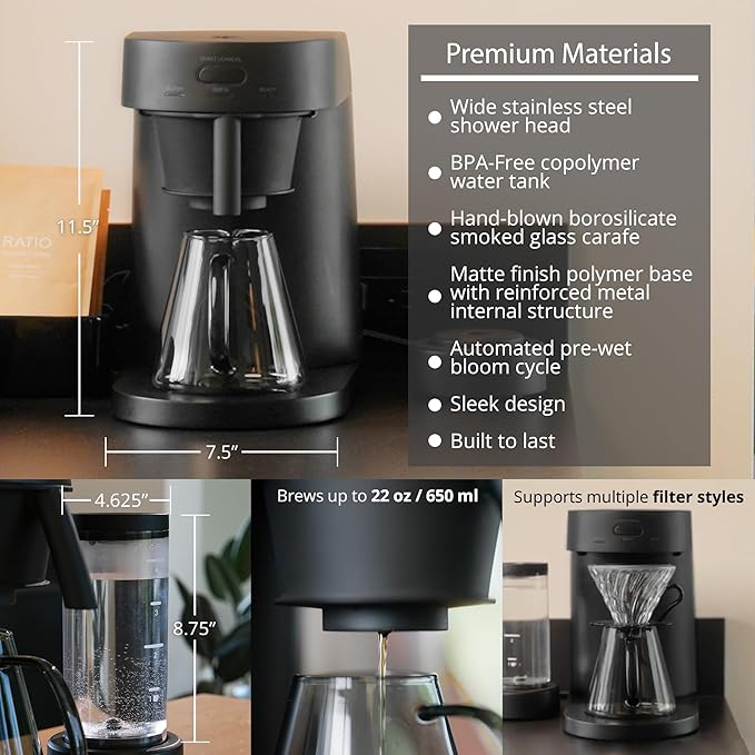 Ratio Four Coffee Machine - Coffee Maker with Removable Water Tank - Drip Coffee Maker with 4 Minute Brew Time - 5-20 Ounce Single-Serve Coffee Maker - 11.5”H x 7.5”W