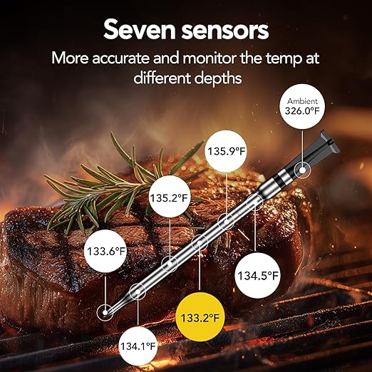 WiFi Bluetooth Wireless Meat Thermometer Unlimited Range, Check Temp Anywhere,7 NIST Certified Sensors with Ambient Temp, Monitor for BBQ, Grill, Oven, Smoker, Air Fryer (Black)