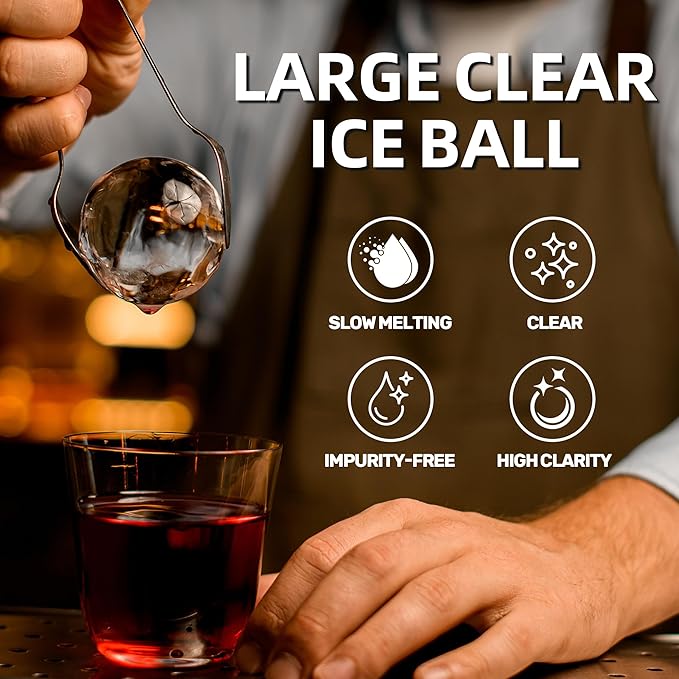 Clear Ice Cube Maker Tray – 2.5 Inch Large Round Ice Ball Mold, Stainless Steel & Silicone, Slow Melting Clear Sphere Ice for Whiskey, Cocktails, and Home Bar Use (Black-2 Pack)
