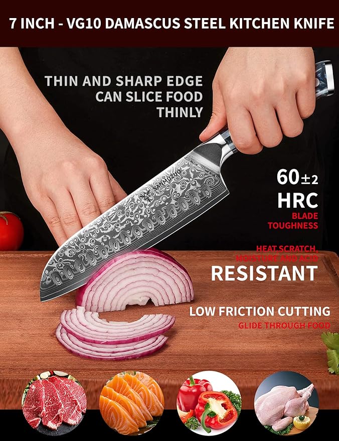 Santoku Knife - 7 inch - Xuan Series - VG10 Damascus Steel Kitchen Knife - Resin Handle (Starry Black)