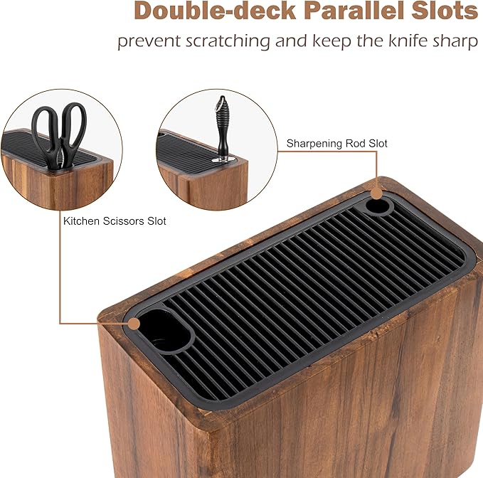 RedCall Acacia Wood Knife Holder Block,Large Universal Knife Block without knives,Wooden Kitchen Knife Block for Countertop,Knife Holder Organizer with Slots for Scissors and Sharpening Rods Storage