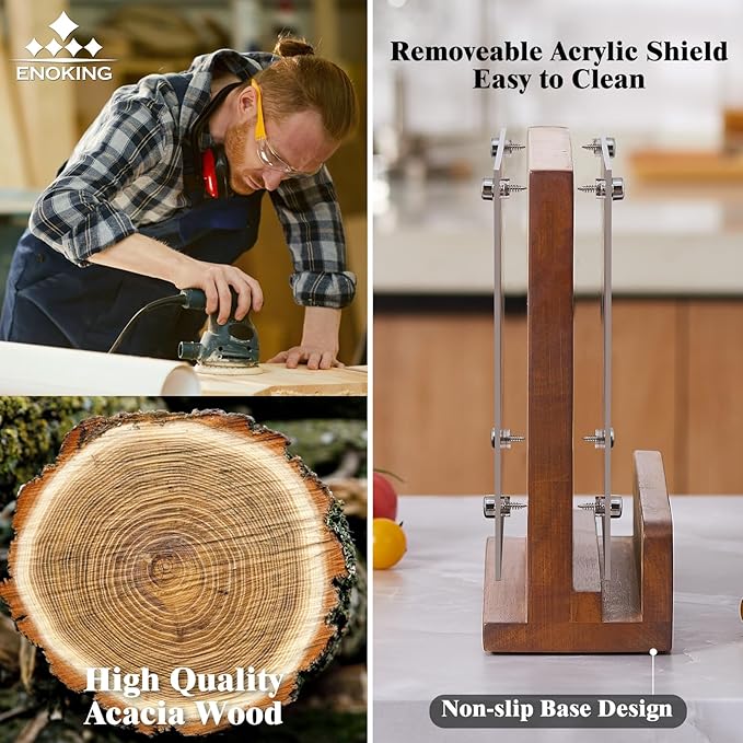 ENOKING Magnetic Knife Block with Acrylic Shield, Double Side Kitchen Knife Holder without Knives- Acacia Wood Universal Knife Storage Organizer with Powerful Magnet for Kitchen Counter