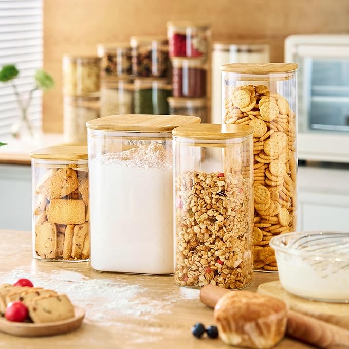 Extra Large Square Glass Flour & Sugar Storage Containers with Airtight Lids, 168 floz - 2 Pack Glass Jars with Bamboo Lids for Pantry, Air tight Food Storage Containers for Cereal, Pasta, Rice