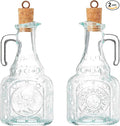 Bormioli Rocco Set Of 2 Country Home Helios Oil Bottle, 8-ounce With All Natural Cork Lid, Blue-green Tinted Star Glass, Elegant And Floral Design Made In Italy.