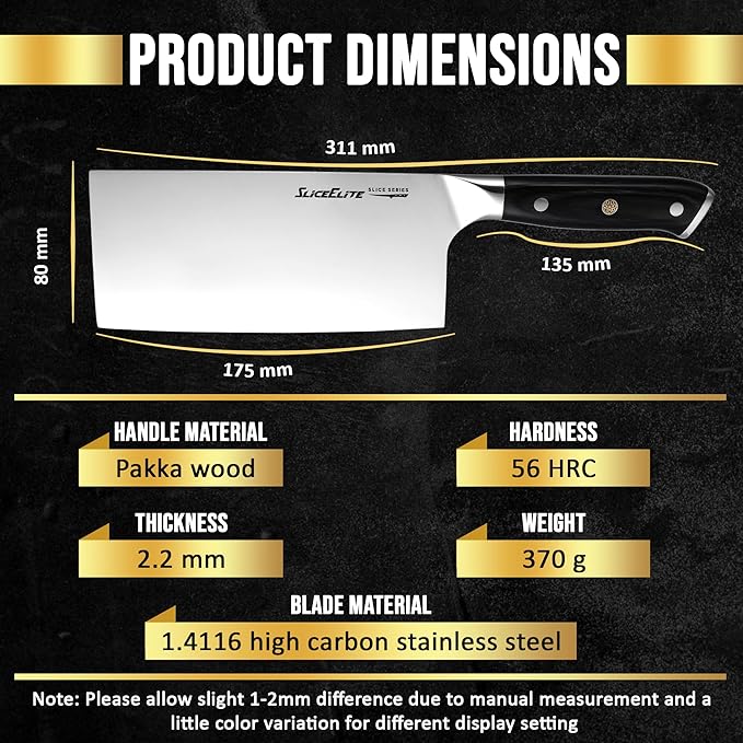Slice Series 7-Inch Cleaver Knife – High Carbon German Steel Blade with Ergonomic Pakkawood Handle, with Options of Durable Polymer and Premium Leather Sheaths (Cleaver Knife)