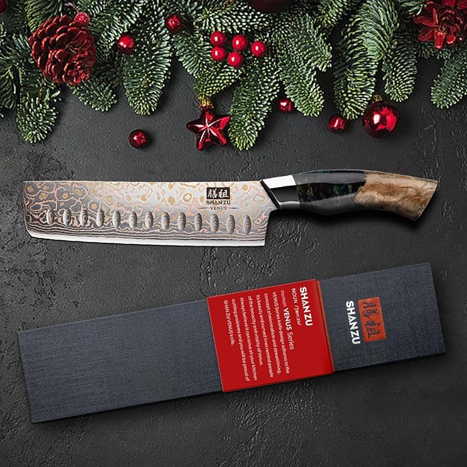 SHAN ZU Damascus Nakiri Knife 7 Inch, Japanese Kitchen Knives Copper & Damascus Steel High Carbon 33 Layer Hand Forged, Ultra Sharp Chef Knife Carving Knife with Maple Wood Handle