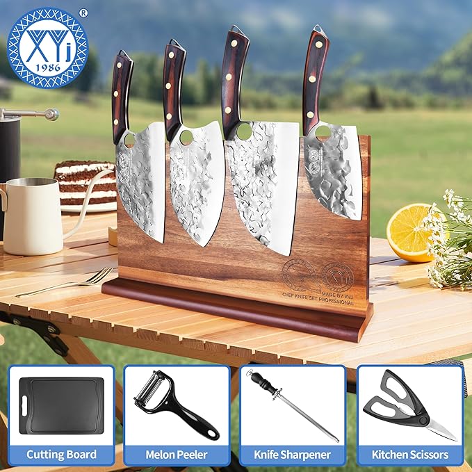 XYJ Authentic Since 1986,Kitchen Knife Block Set,High Carbon Steel Blades,Knives Set with Wooden Magnetic Knife Block,Sharpening Steel,Cutting Board,Cleaver Slicing Knife,Wood Handle