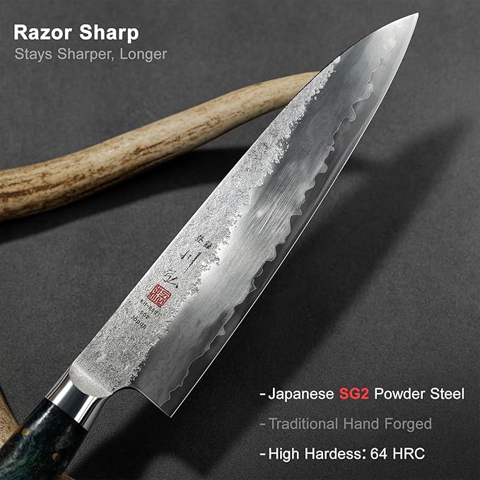 KAWAHIRO Japanese Chef Knife with SG2 Powder Steel, 8.27 inch Professional Gyuto Knife, Hand Forged Kitchen Knife with Premium Stabilized Wood Handle and Wood Gift Box