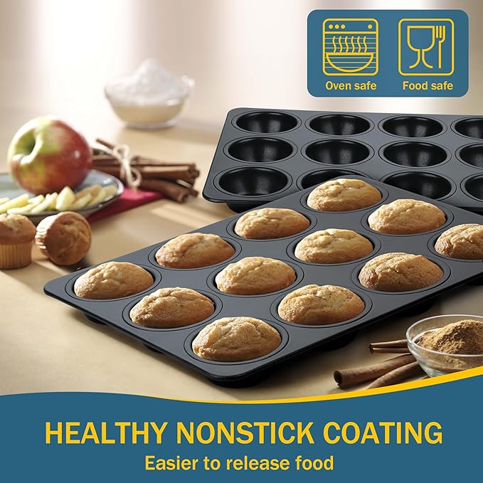 E-far Nonstick Muffin Pans 12 Cups, Stainless Steel Muffin Tin Cupcake Pan Tray for Baking, Stainless Steel Core & Non Toxic, Easy Release & Easy Clean, Black
