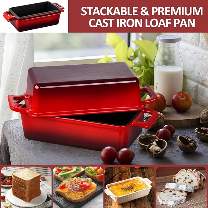 Leonyo 9 x 6 inch Cast Iron Loaf Pan with Lid, 2-in-1 Enameled Sourdough Baking Pan, Homemade Bread Dutch Oven for Pound Cake, Lasagna, Up to 500℉ & Red