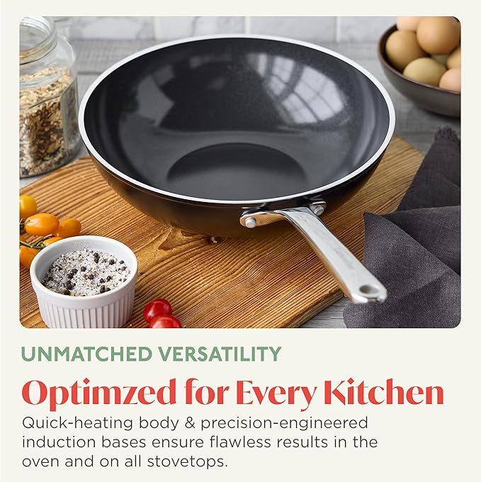 Orfeo 11” Nonstick Wok Pan, Made in Italy, Diamond Ceramic PFAS-Free Cookware, Induction Ready, Scratch Resistant, Laser-Fused Surface for Durability, Dishwasher Safe, Black