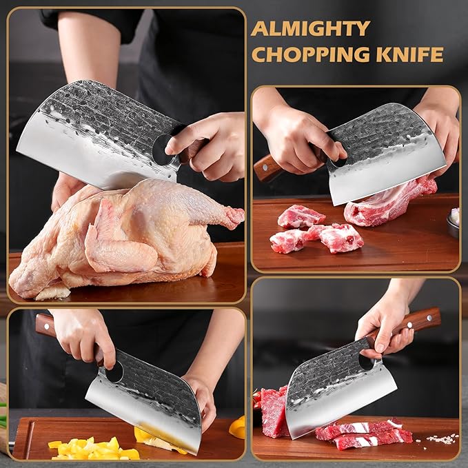 8'' Hand Forged Wood Butcher Knife Santoku for Meat Cutting Bone Chopping Kitchen Outdoor BBQ Camping