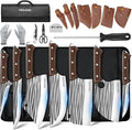 MDHAND 14PCS Professional Butcher Knife Set with Roll Bag, Hand Forged Serbian Chef Knife Set, Heavy Duty Meat Cleaver Knives, Boning Knife, Meat Cutting Knife for Kitchen, Gift for Men, BBQ, Camping